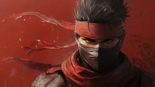 Scarlet wind warrior holding storm-quiet eyes and secrets.