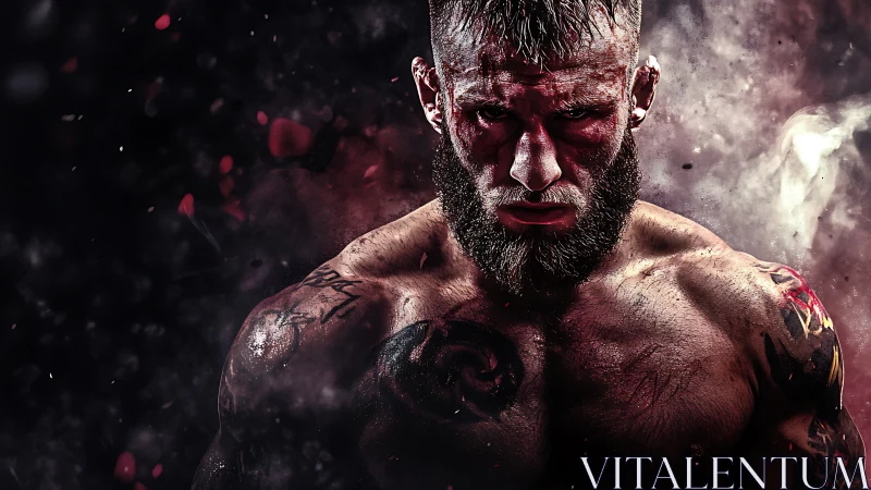 Scorched ring warrior glaring through storm-torn shadows.