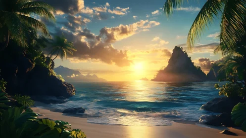 Tropical Sunset with Silhouetted Rock Formation and Palm Framing