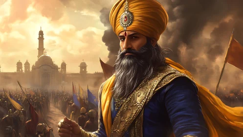 Regal warrior in golden turban steadies a vast marching crowd