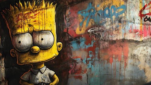 Grungy cartoon boy mural against distressed graffiti wall.