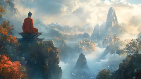 Silent monk surveys cloud-wrapped temples in twilight air