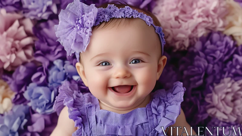 Joyful Infant in Purple Floral Ensemble. Photorealistic Portrait Study.