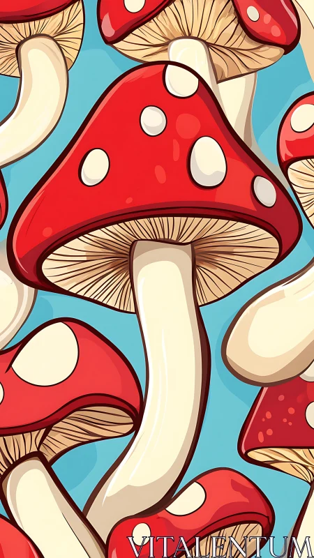 Playful parade of red toadstools on bright blue sky.