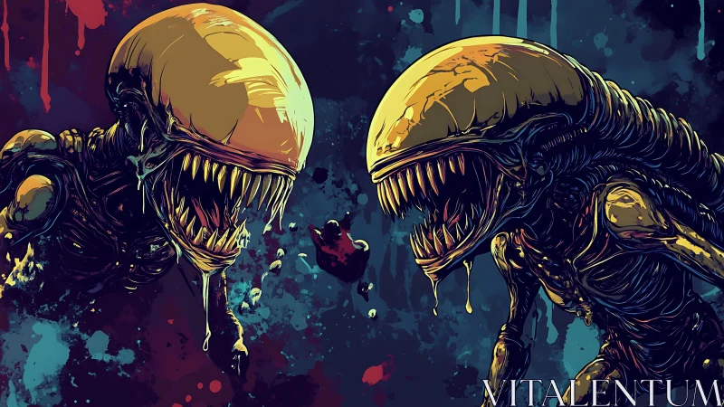 Twin alien creatures snarl in a neon-drenched cosmic void