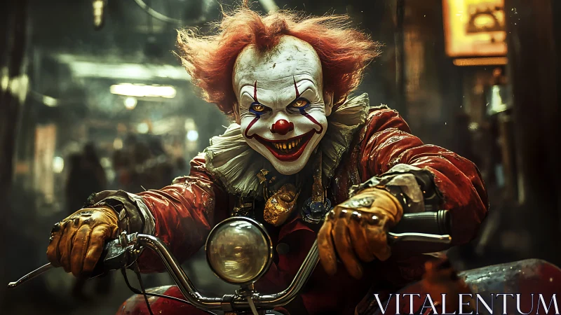 Menacing circus clown motorcyclist in cinematic urban chase.