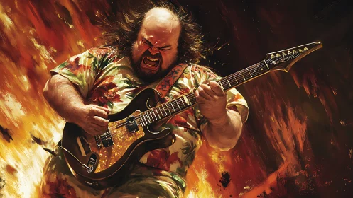 Power guitarist shreds amid explosive fiery backdrop.