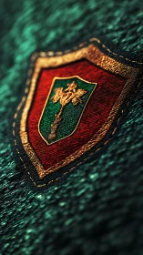 Embroidered heraldic shield glows on rich green fabric surface.