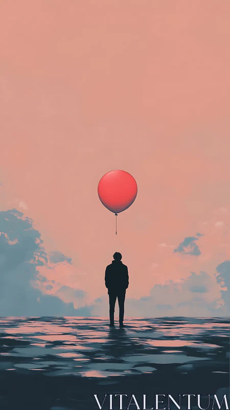 Solitary figure with red balloon under pastel twilight sky.