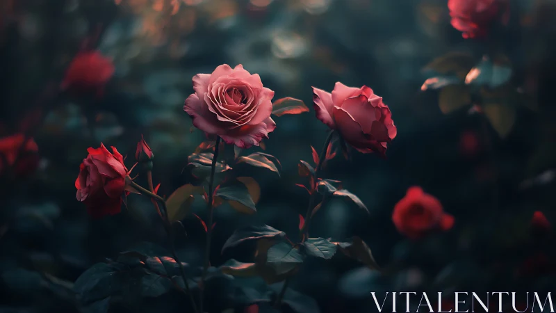 Pink and Red Roses Glowing in Moody Garden Light.