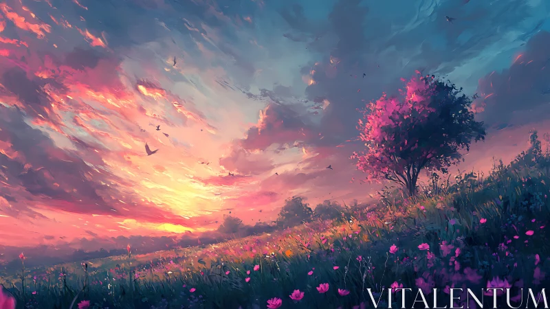 Digital landscape shows sunset sky and solitary flowering tree