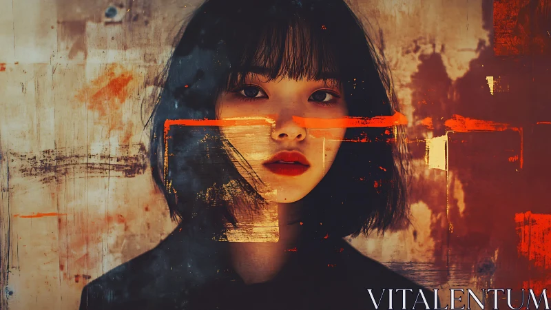 Surreal portrait of woman sliced by vivid orange strokes.