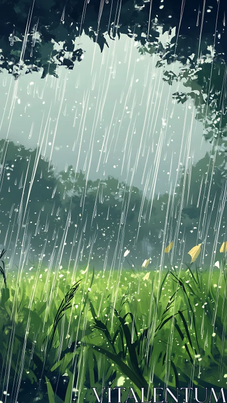 Summer storm brushes emerald field with silver rain veils.