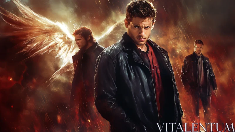 Brooding leather clad man amid fire, wings and rain.