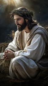 Serene robed figure prays in straw under a soft divine light