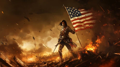 Militarized heroine amid inferno with dynamically tattered US flag.