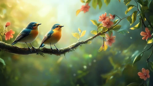 Two Colorful Birds on Branch in Lush Spring Garden, Digital Art.