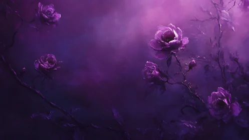 Monochromatic Violet Floral Composition: Stylized Roses Against Atmospheric Gradient.