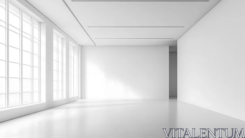 Empty white interior shows large grid windows and smooth walls