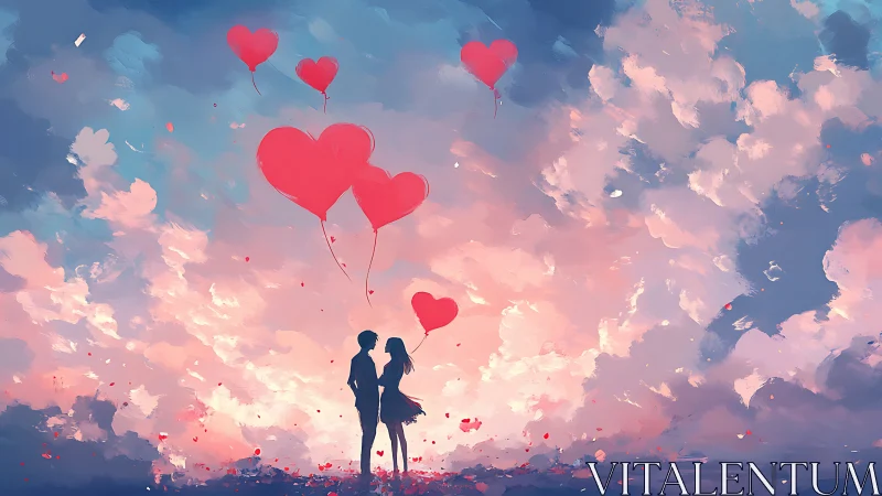 Silhouetted couple ascending with heart balloons into pink sunset.