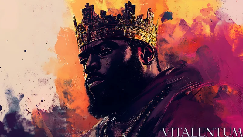 Side-profile portrait depicts crowned figure in saturated hues