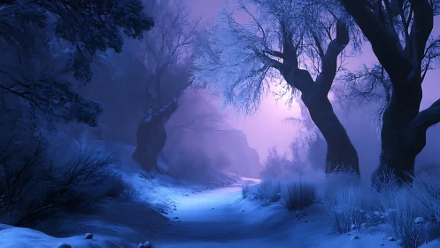 Digital painting of a luminescent winter forest path at dusk.