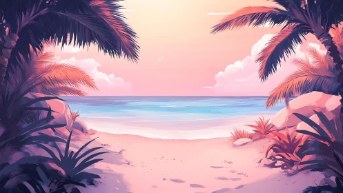 Tropical Beach Sunset with Framing Palms and Gradient Sky