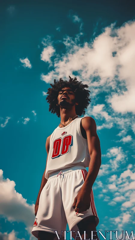 Basketball player stands under dramatic teal sky
