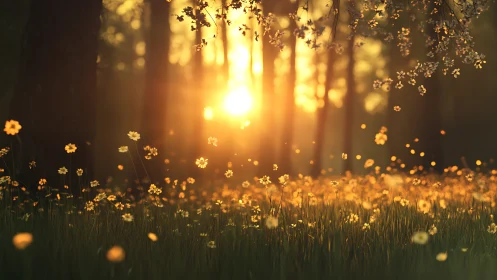 Golden woodland sunset glowing over gentle wildflowers.