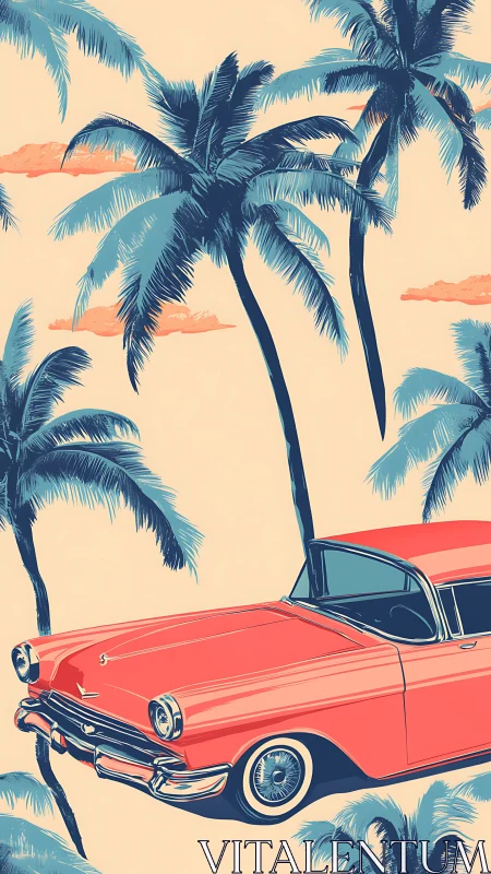 Retro coral classic car cruises beneath tall palm trees.