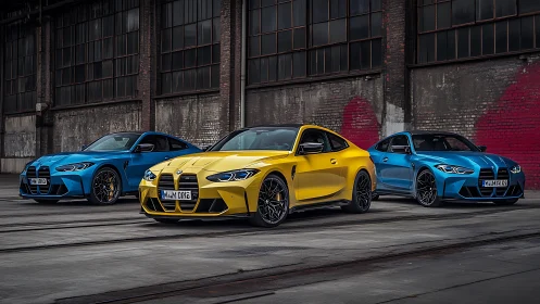 Triad of BMW M4 coupés aligned in industrial warehouse setting