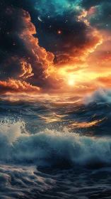 Celestial stormscape over luminous teal and gold ocean horizon.