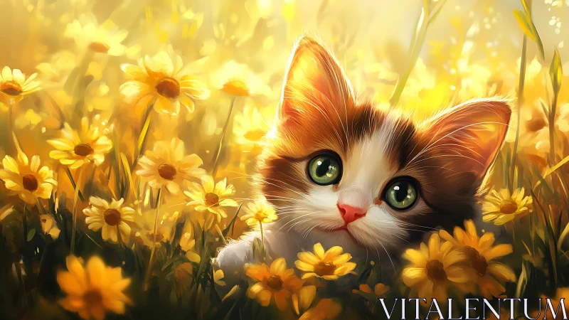 Kitten in Golden Daisy Field with Green Eyes.