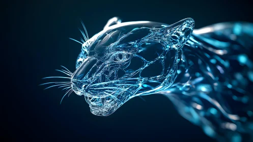 Futuristic Glass Panther Head in Digital 3D Art Style.