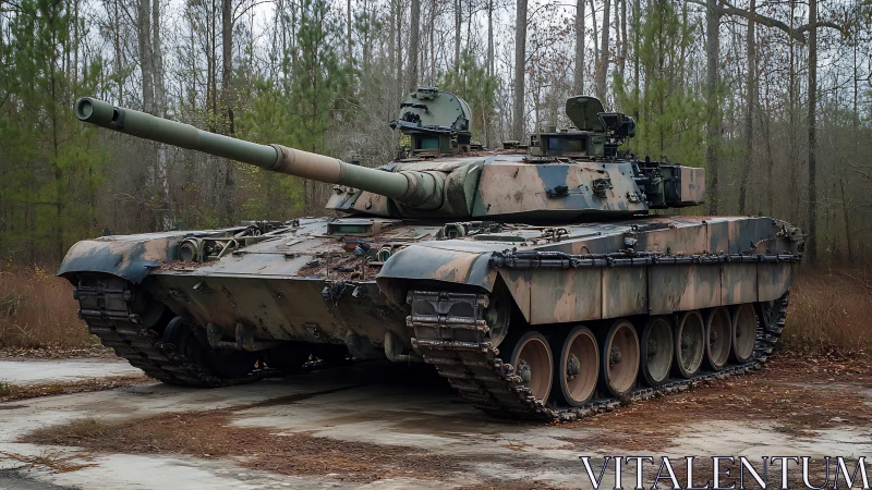Battle tank rests in forest clearing with worn camouflage.