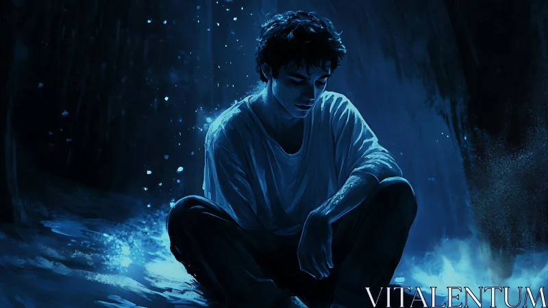 Solitary figure in blue-tinted nocturnal digital reverie.