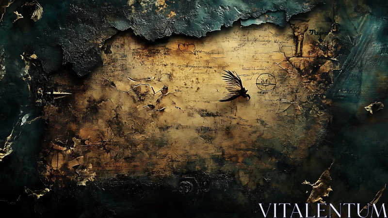 Aged cartographic parchment erodes under charred metallic border