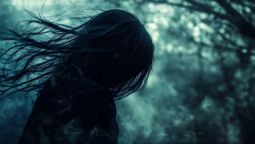 Moody backlit portrait with windblown silhouette and haze.