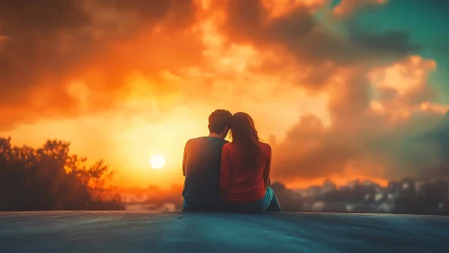 Two figures silhouetted against golden sunset on rooftop overlook.