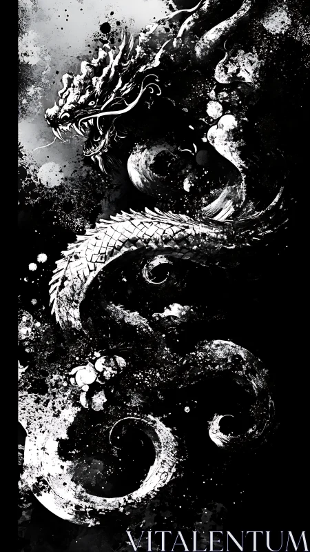 Monochrome ink dragon with swirling abstract splatters.