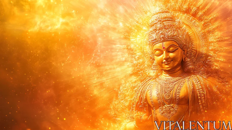Radiant golden deity statue glows within intense cosmic light