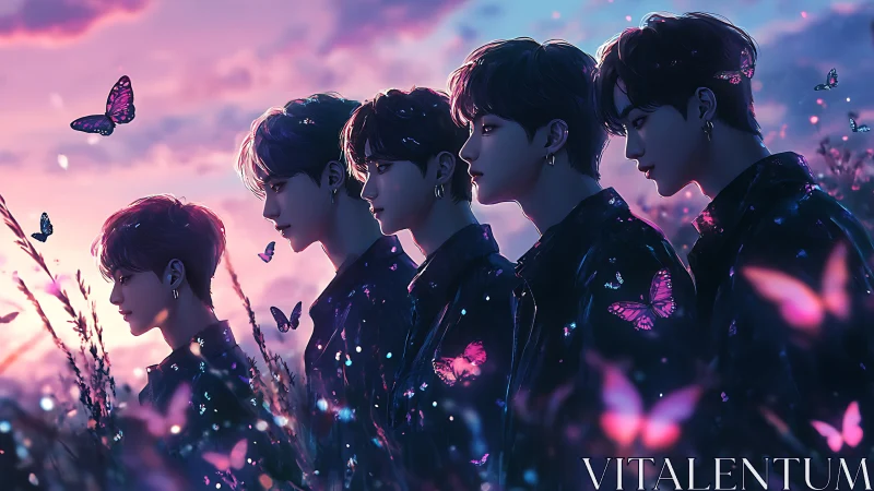 Five silhouetted youths stand in profile among glowing butterflies