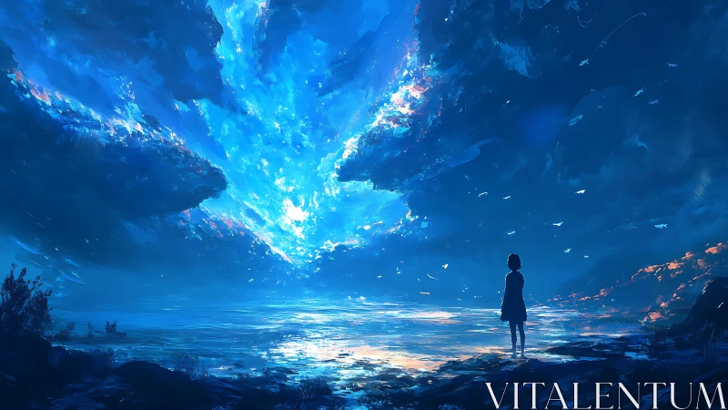 Starlit shoreline opens into a glowing blue celestial sky