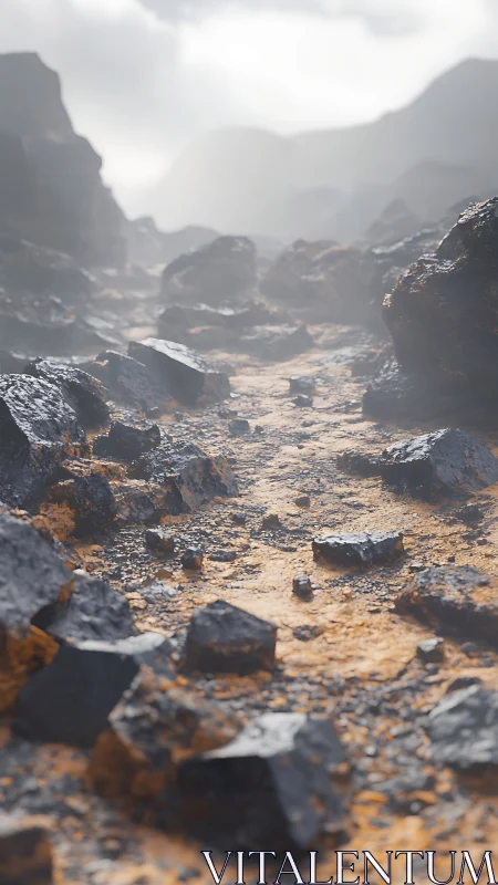 Volcanic basalt pathway rendered in soft atmospheric haze.