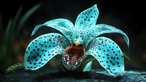 Striking turquoise spotted flower opens like a tiny alien star
