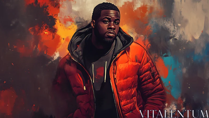 Portrait shows man in orange jacket against abstract fire tones