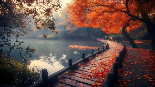 Curved lakeside boardwalk under dense misty autumn foliage glow