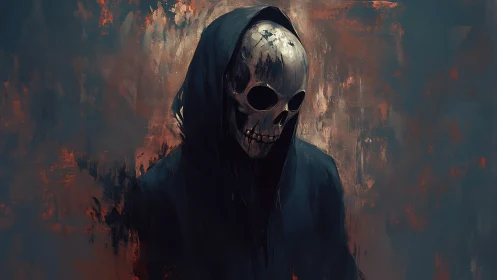 Hooded skull figure emerges from abstract burning dusk