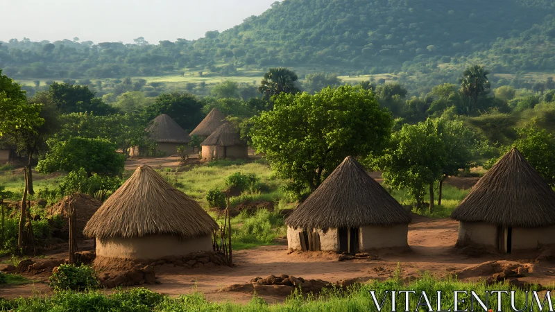 Rural African village huts under lush green hills at dawn.