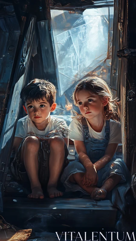 Two Young Souls Glimpse Tomorrow Through a Weathered Window.